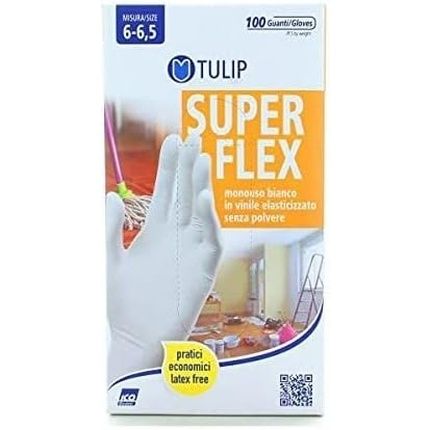 Tulip Superflex Vinyl Gloves White Powder-Free 100 Pieces Size 6-6.5