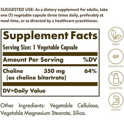 Solgar Choline 350Mg Healthy Liver Function Supports Fat Metabolism 100 Vegetable Capsules