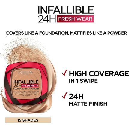 L'Oreal Paris Infallible 24H Fresh Wear Foundation In A Powder Full Coverage Longwear Weightless Smooth Finish Waterproof And Transfer-Proof 9G 245 Golden Honey
