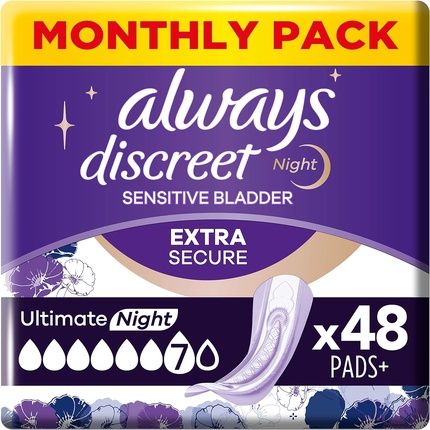 Always Discreet Incontinence Pads Plus Women Ultimate Night 48 High Absorbency Pads Odor Neutralizer
