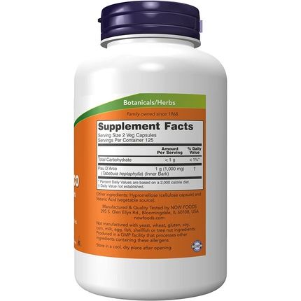 Now Foods Pau D'Arco Gluten-Free 500Mg 250 Vegan Capsules