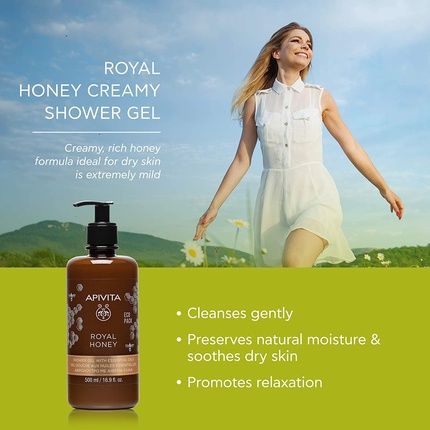 Apivita Royal Honey Creamy Shower Gel With Essential Oils 16.9 Fl.Oz. For Dry Skin With Honey & Propolis Extract