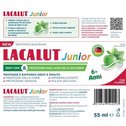 Lacalut Junior Toothpaste 6+ Years Daily Hygiene Cavity Protection With Fluoride And Xylitol Apple And Mint Flavor 55Ml