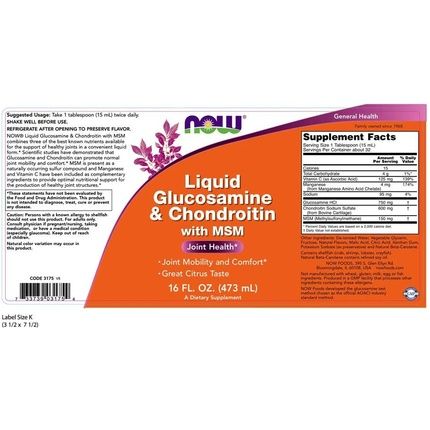 Now Foods Liquid Glucosamine & Chondroitin Msm Nutrient 473Ml - Image 3