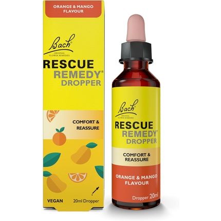 Rescue Remedy Dropper 20Ml Orange & Mango Comfort Reassurance Alcohol Free Natural Emotional Wellness Day Support Flower Essence Vegan Formula Travel Exams