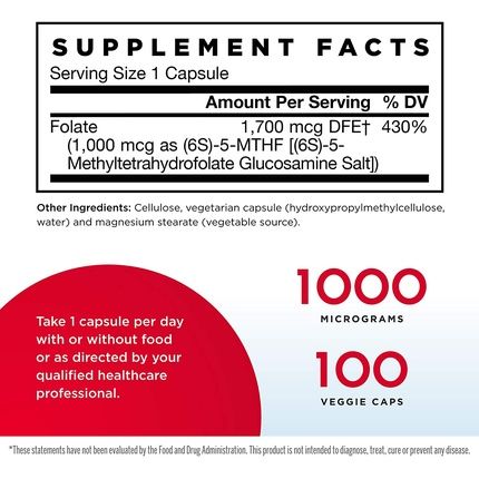 Jarrow Formulas Methyl Folate 1000Mcg 100 Veggie Caps