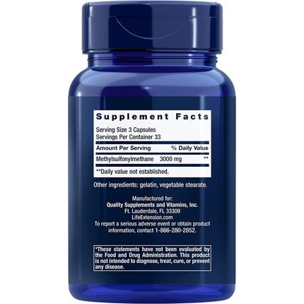 Life Extension, Msm, Organic Sulfur, 1,000Mg, 100 Capsules, Soy Free