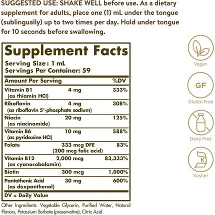Solgar Liquid B12 2000Mg With B-Complex - Healthy Nervous System, Heart, Mind, And Red Blood Cell Formation 59Ml