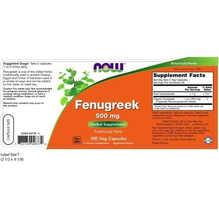 Now Foods Fenugreek 500Mg 100 Capsules