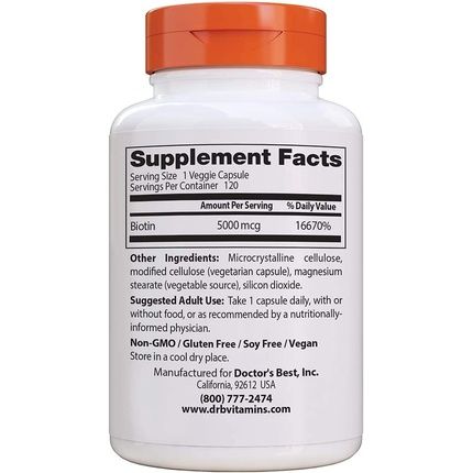 Doctor'S Best Biotin 5000Mcg B-Complex Vitamin For Energy And Protein Metabolism 120 Capsules