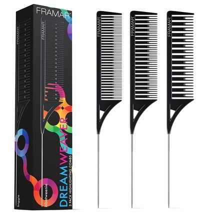 Framar Dreamweaver Highlight Comb Set For Hair Stylist With Metal Pick And Balayage Comb - Black