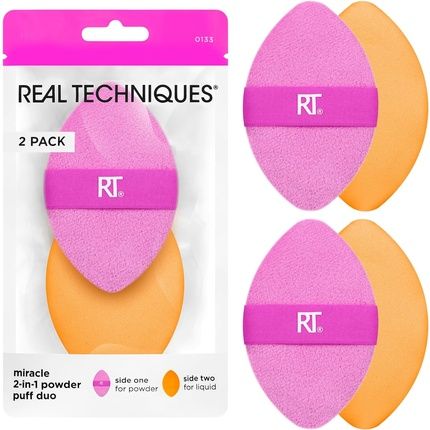 Real Techniques Miracle 2-In-1 Powder Puff Dual-Sided Full-Size Makeup Blending Puff Reversible Elastic Band Precision Tip Makeup Sponge & Powder Puff For Liquid Cream & Powder
