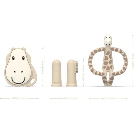 Matchstick Monkey Antimicrobial Teething Starter Set - 1 Flat Face Teether, 1 Animal Teether, 2 Silicone Finger Toothbrushes