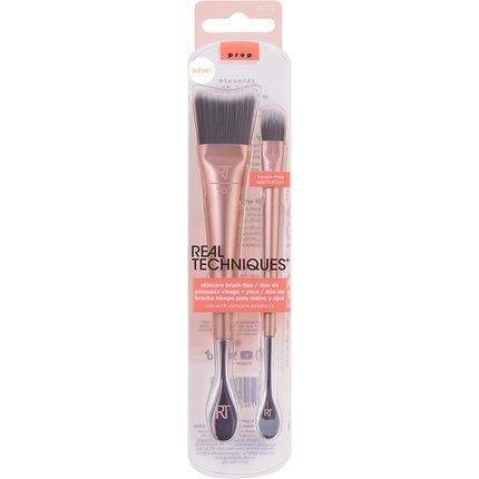 Real Techniques Skincare Brush Duo For Hands Free Application Of Serums, Creams, And Toners - 2 Piece Set Pink