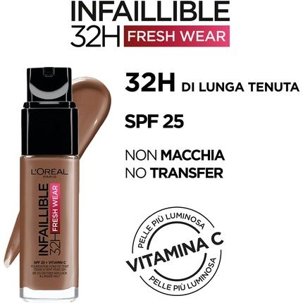 L'Oreal Paris Infallible 32H Fresh Wear Foundation Full Coverage Longwear Weightless Smooth Finish Water-Proof Transfer-Proof With Vitamin C Spf 25 365 Deep Golden 30Ml