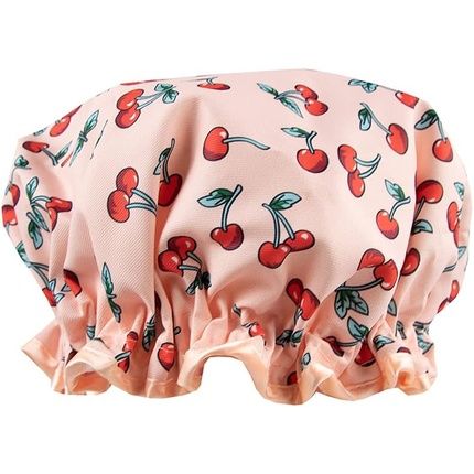 The Vintage Cosmetic Company Cherry Shower Cap Lightweight And Elasticated Waterproof Cap Reusable For Women Retro Design