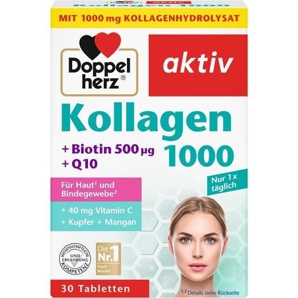 Doppelherz Active Collagen 1000 Plus 500Mcg Biotin Plus Q10 For Skin And Connective Tissue With Copper And Manganese 30 Tablets