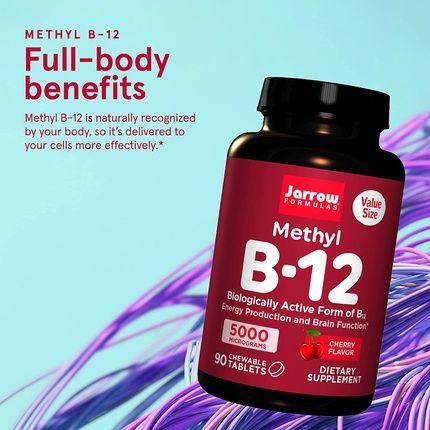 Jarrow Formulas Maximum Strength Methyl B-12 5000Mcg Dietary Supplement 90 Chewable Tablets Cherry Flavored