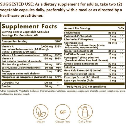 Solgar Advanced Antioxidant Formula 120 Vegetable Caps - Full Spectrum Antioxidant Support - Contains Zinc, Vitamin C, E & A - Immune System Support - Vegan, Gluten Free, Dairy Free