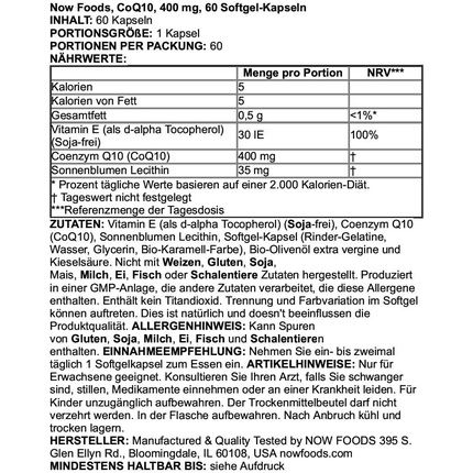 Now Foods Coq10 400Mg Coenzyme Energy Production 60 Softgel Capsules