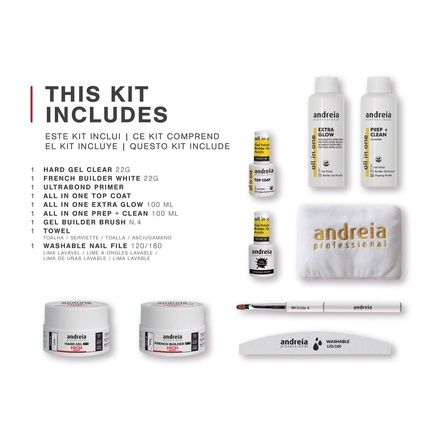 Andreia Professional Hard Gel Nail Kit Pro للتقليم وطلاء الجل مع جل البناء، وطلاء أظافر Ultrabond، وطلاء أظافر، وتوهج إضافي، ومنظف تنظيف إعدادي، ومبرد أظافر، ومنشفة، وفرشاة