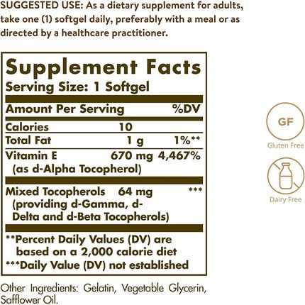 Solgar Natural Source Vitamin E 671Mg Softgels - Supports Immune System And Protects Cells From Oxidative Stress