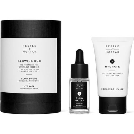 Pestle & Mortar Glowing Duo Self Tanner Travel Kit - Customizable Sunless Self Tan Drops With Hydrating Anti-Aging Face Moisturizer - Cruelty Free And Vegan