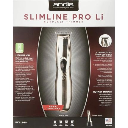 Andis D-8 Slim-Line Pro Li Cord/Cordless Rechargeable T-Blade Trimmer For Men Women Kids With Carbon Steel Blade Bump Free Tech Zero Cuts Low Irritation Li-Ion Lithium Battery 300G Silver