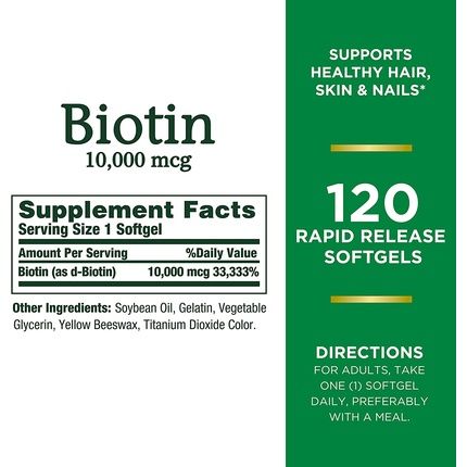 Nature'S Bounty Biotin Supports Healthy Hair Skin And Nails 10000Mcg Rapid Release Softgels 120 Count