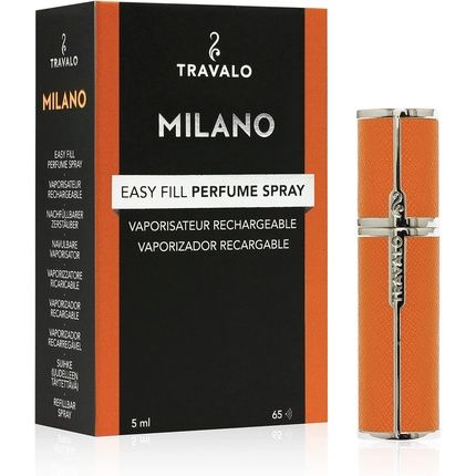 Travalo Milano Perfume Atomizer Travel Refill U-Change System Tsa Approved Reusable Airtight Easy Fill Mini Pump Sprayer Lightweight Portable Vegan Leather With Polished Metal Outer Shell 0.17Oz Orange