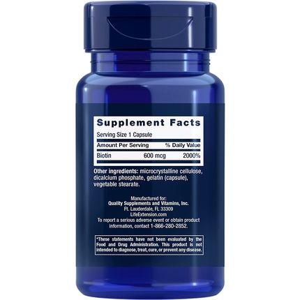 Life Extension Biotin 600Mcg Vitamin B7 Support Supplement For Hair And Nails 100 Capsules