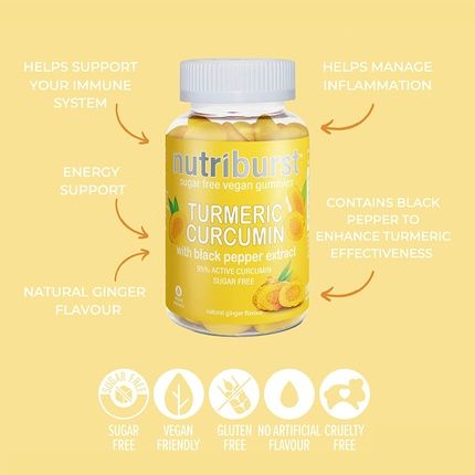 Nutriburst Turmeric Curcumin & Black Pepper Antioxidant Plant Based Sugar Free Chewable Supplements 60 Gummies