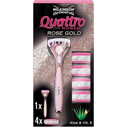Wilkinson Sword Quattro For Women Premium Metal Rose Gold Razor Handle With 5 Blade Refills