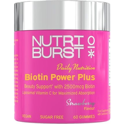 Nutriburst Biotin Power Plus - Biotin 2500Mcg With Liposomal Vitamin C For Healthy Hair And Glowing Skin Strawberry Flavour 60 Gummies