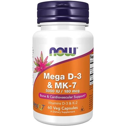 Now Mega D-3 & Mk-7 With Vitamins D-3 & K-2 Bone & Cardiovascular Support 60 Veg Capsules