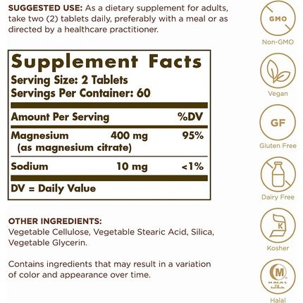 Solgar Magnesium Citrate 120 Tablets - Promotes Healthy Bones Supports Nerve Muscle Function - Highly Absorbable - Non-Gmo Vegan Gluten Free Kosher