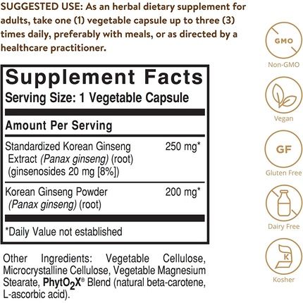 Solgar Korean Ginseng Root Extract Vegetable Capsules - Supports Energy And Vitality For Improved Concentration - Vegan Standard Packaging