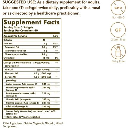 Solgar Omega 3-6-9 Softgels 120 Softgels - Blend Of Premium Fish, Flax And Borage Oils - Specially Formulated Ratio - Molecularly Distilled To Remove Mercury, Pcbs And Heavy Metal Contaminants