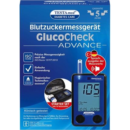 Testamed Glucocheck Advance Blood Glucose Meter With Test Strips And Lancet Device - Optional Voice Output
