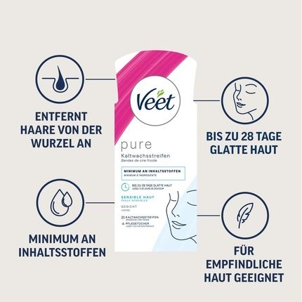 Veet Pure Cold Wax Strips For Sensitive Skin - Facial Hair Removal - Up To 28 Days Of Smooth Skin - Image 3