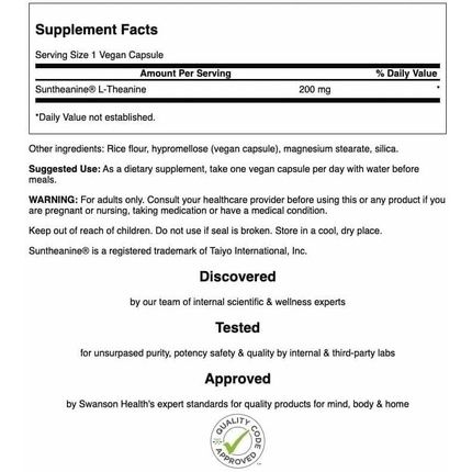 Swanson Amino Acid Double Potency Suntheanine L-Theanine 200Mg 60 Veg Capsules