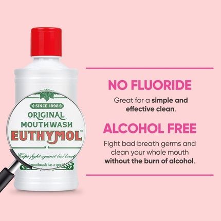 Euthymol Mouthwash Original 500Ml Alcohol-Free Fluoride-Free Strong Taste Plaque Gingival Clean Healthy Teeth Gums Freshens Breath Refreshing Daily Oral Dental Care