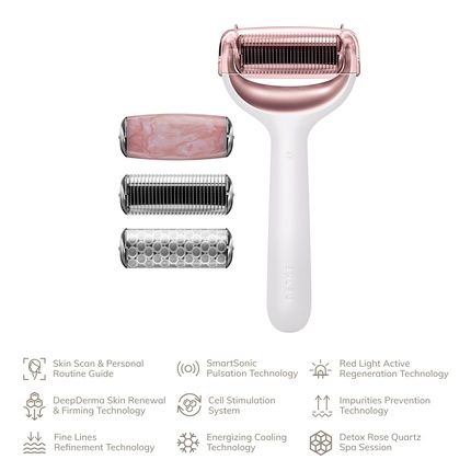 Geske Smartappguided Microneedle Face & Body Roller 9 In 1 With Rose Quartz & Cooling Attachment Electric Derma Roller Microneedling Device Needle Roller Beauty Roller For Face And Body Starlight