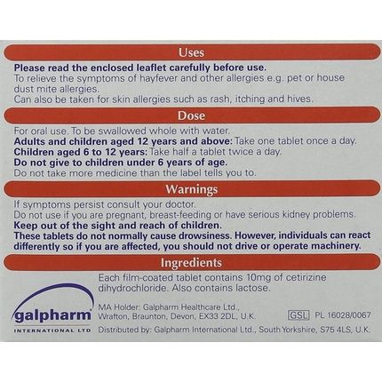 Galpharm Cetirizine Hayfever And Allergy Relief Tablets