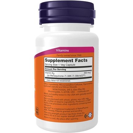 Now Supplements Vitamin K2 Mk-7 300Mcg Extra Strength Bone Health Support 60 Veg Capsules