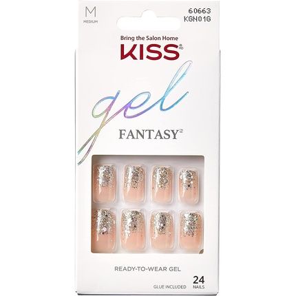 Kiss Gel Fantasy Collection Glue-On Manicure Kit Fanciful Medium Length Square Fake Nails 24 Count