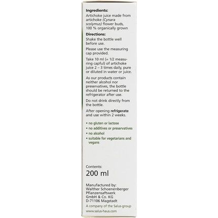 Salus Artichoke Organic 100% Pure Fresh Plant Juice 200Ml
