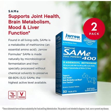 Jarrow Formulas Same 400Mg 30 Tablets Supports Joint Health Liver Function Brain Metabolism Mood & Antioxidant Defense - Image 3