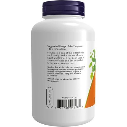 Now Fenugreek Herbal Supplement 250 Veg Capsules 500Mg - Image 3