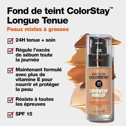 Revlon Colorstay Liquid Foundation Makeup For Combination & Oily Skin Spf15 Medium To Full Coverage 30Ml Matte Finish Sand Beige - Image 3